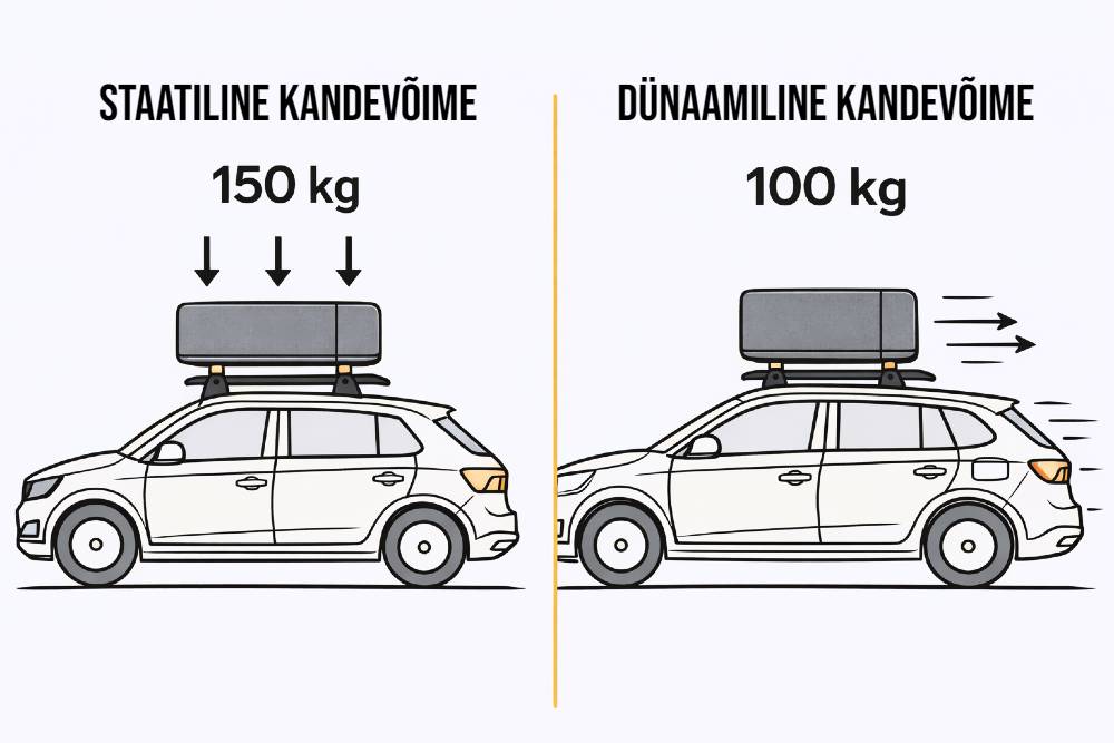 katusetelgi dünaamiline ja staatiline kandevõime auto katusel